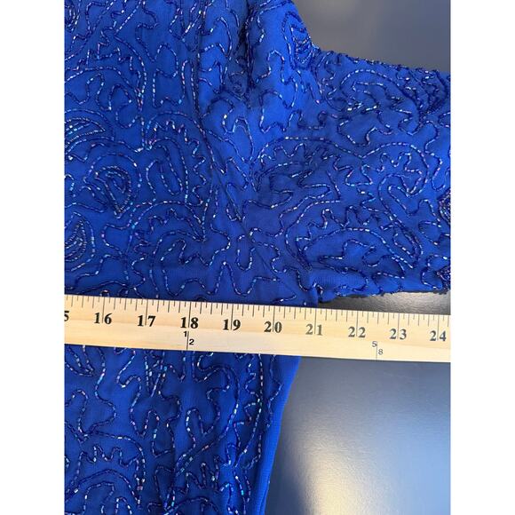 Vintage Brilliante by J.A. Beaded Dress Royal Blue Chiffon & Sequins 1X - Picture 5 of 6